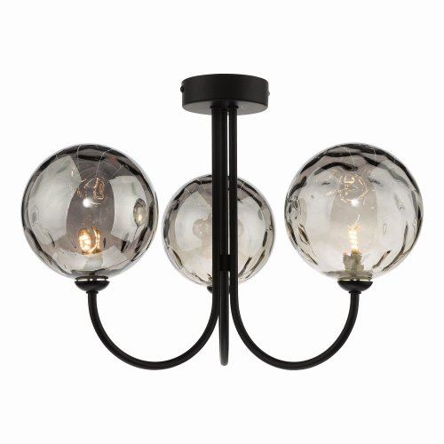Dar Jared 3 Light Semi-Flush Matt Black with Smoked Dimpled Glass