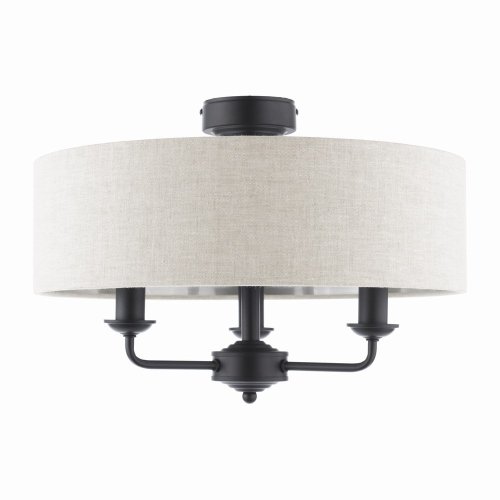 Laura Ashley Sorrento 3 Light Semi-Flush Matt Black with Natural Shade