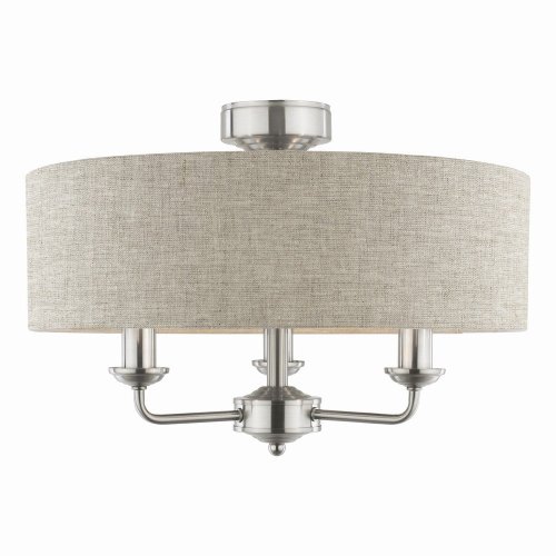 Laura Ashley Sorrento 3 Light Semi-Flush Satin Nickel and Natural with Shade