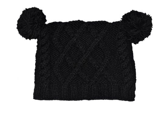 Square cable pom pom hat - hand knitted - pure wool - fleece lining - black