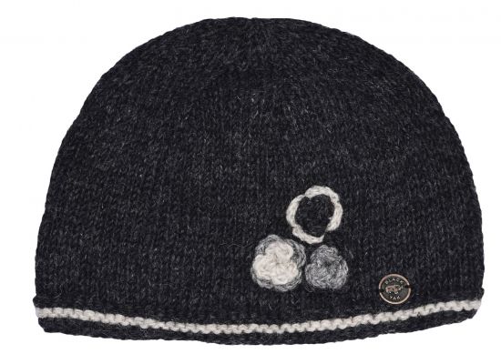 Half fleece lined - three flower beanie - pure wool - Charcoal