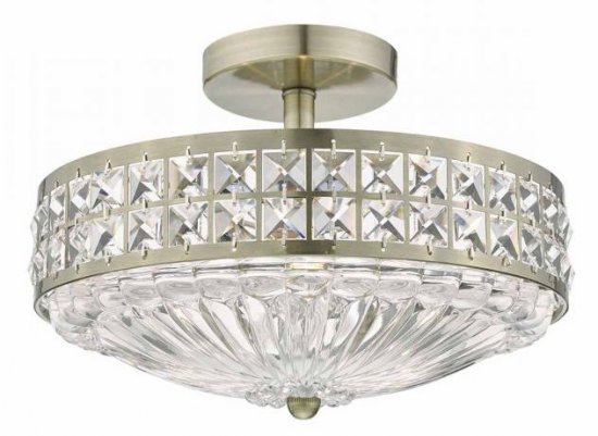 Dar Olona Semi Flush Antique Brass Crystal Beads and Glass Diffuser