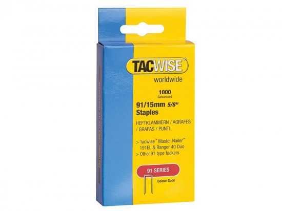Tacwise 91 Narrow Crown Staples 15mm - Electric Tackers (Pack of 1000)