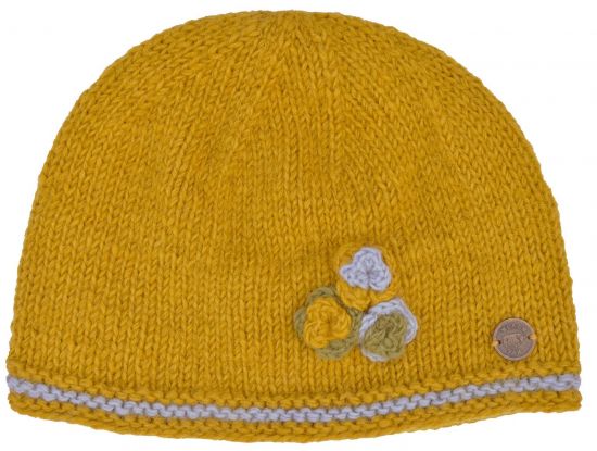 Half fleece lined - three flower beanie - pure wool - mustard