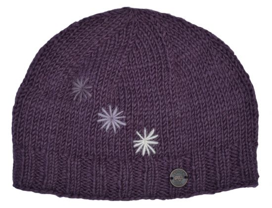 Pure Wool Hand embroidered - three star beanie - grape
