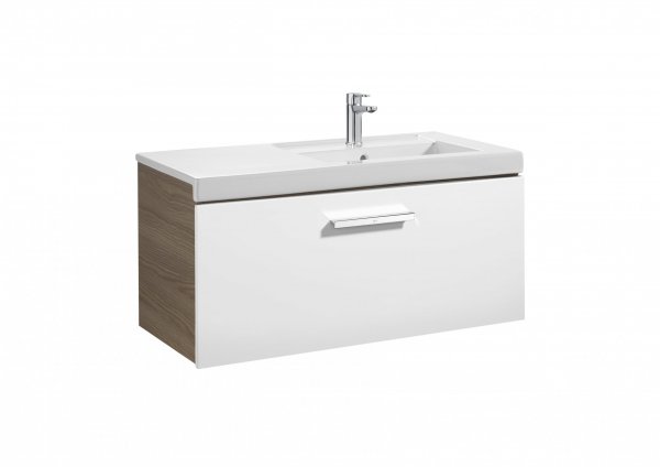 Roca Prisma Gloss White & Textured Ash 900mm Basin & Unit with 1 Drawer - Right Hand