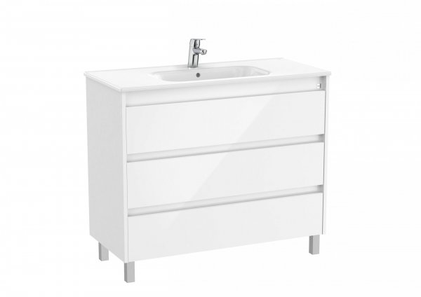 Roca Tenet Glossy White 1000 x 460mm 3 Drawer Vanity Unit and Basin with Legs