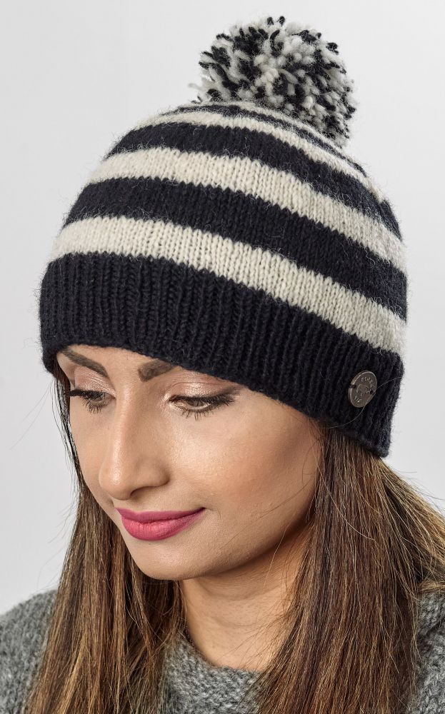Pure Wool Striped bobble hat single knit black white